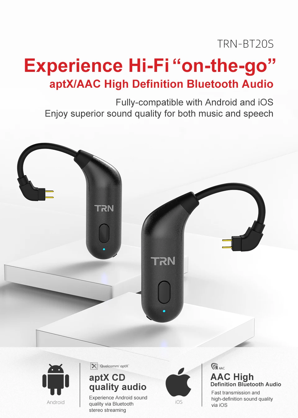 TRN BT20S беспроводной HDMI Bluetooth 5,0 HIFI наушники 2PIN/разъем MMCX ушной крючок для TRN X6/IM1/IM2/V80/v30 Revonext QT5/QT2