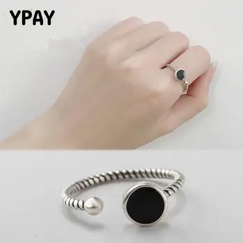 

YPAY Thai Silver Adjustable Rings for Women Retro Do the Old Authentic 925 Sterling Silver Black Epoxy Ring Fine Jewelry YMR090