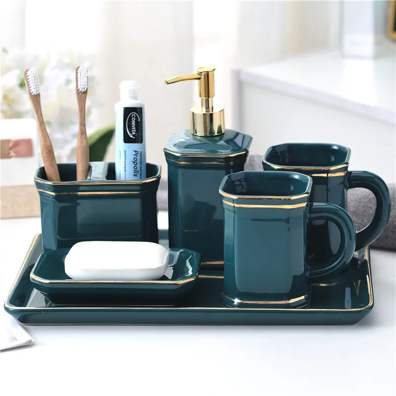 Bathroom Accessories Set Ceramic Liquid Soap Dispenser Toothbrush Rack Gargle Cup Luxury Wedding Gift Birthday Present Orange