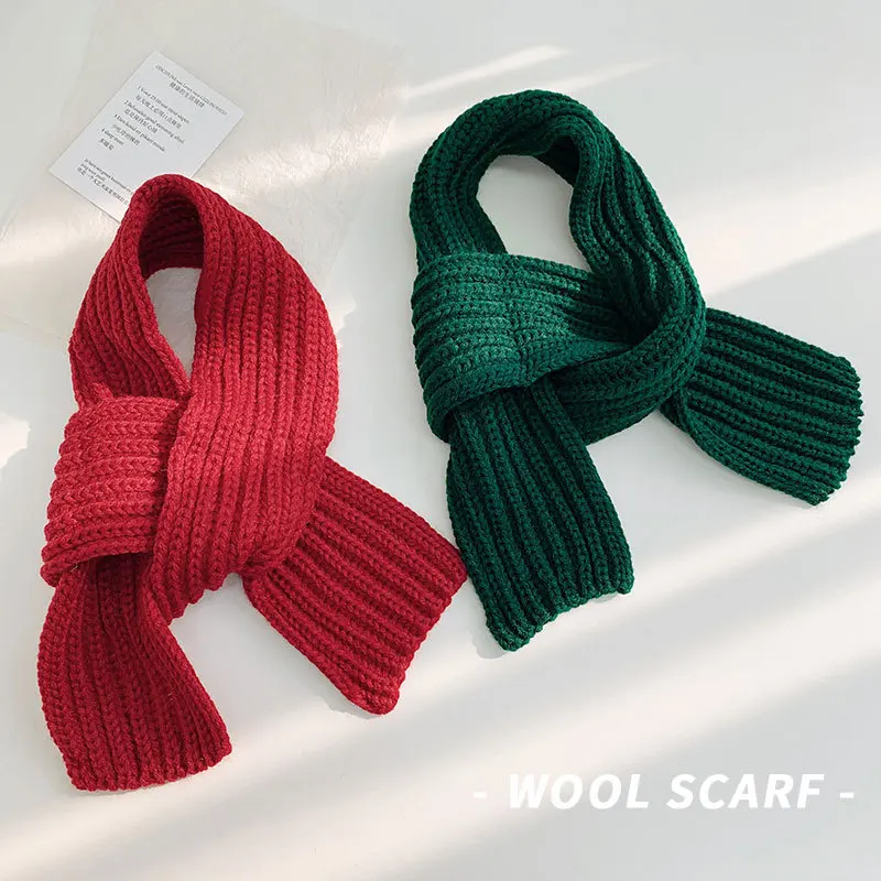 

Scarf children's autumn winter cute short solid color warm Korean Christmas green student boys girls knitted wool scarf