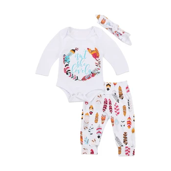 

3PCS Newborn Baby Girl 0-24M Clothes Romper Bodysuit Print Pants Headband Outfits Set