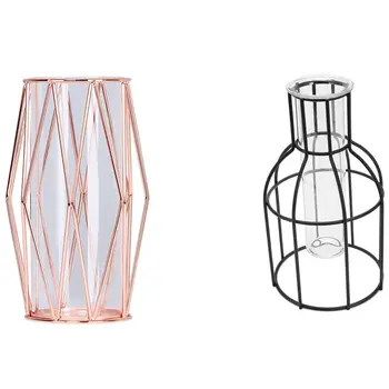 

2pcs Nordic Style 3D Glass Iron Art Geometric Vase with Cuvette Home Decoration Rose gold Black