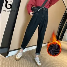 FINEWORDS зимние теплые Вельветовые женские джинсы с 2 пуговицами и высокой талией, женские джинсовые брюки свободного покроя размера плюс, джинсовые штаны-шаровары