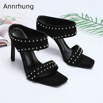 

Square Toe Open Toes Sandals Women Slingback One-strap Thin Heel Rivet Decor Black Suede High Heel Runway Shoes Woman
