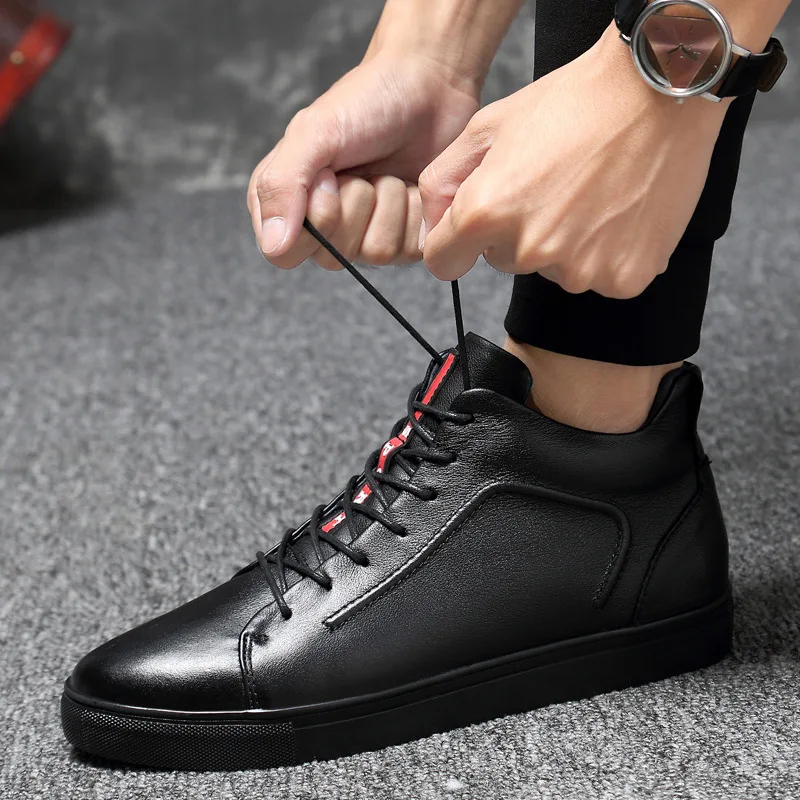 

Full-grain Leather Casual Fashion High-top Board Shoe Leather Shoes round-Toe Wearable Anti-slip Large Size plus Velvet Warm MEN
