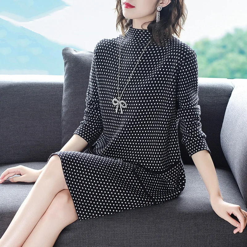 

2018 Autumn And Winter New Style High Collar Loose-Fit Jersey Dress Women's Mid-length over-the-Knee Base Sweater Skirt Fashion