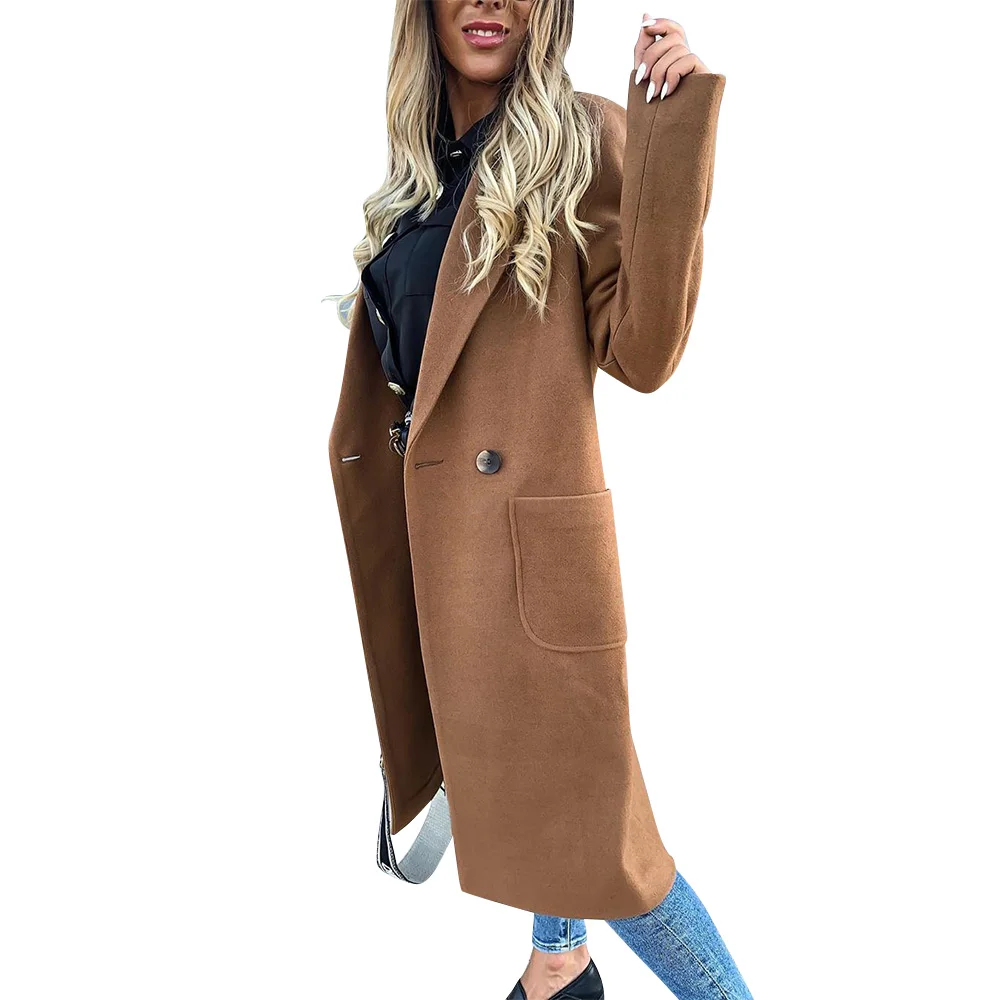Женское шерстяное пальто, зимнее длинное пальто на пуговицах, модное женское офисное шерстяное пальто, однотонная верхняя одежда с карманами, повседневное манто femme D25