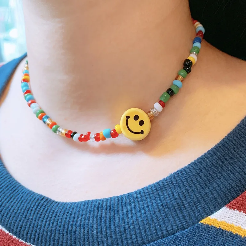 Boho, Радужный цвет, бусы, смайлик, колье, ожерелья для женщин, цветная цепочка из бисера, массивное ожерелье, ювелирное изделие, воротник, подарок