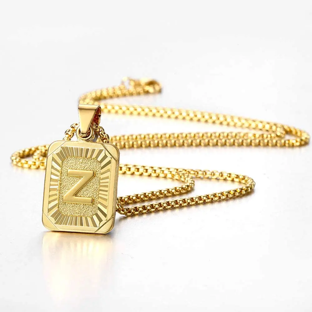 QWZNDZGR Initial Letter Pendant Necklace for Mens Womens, 18K Gold Plated  Square Capital Monogram Necklace Alhpabets from A-Z Figaro Chain Necklace 