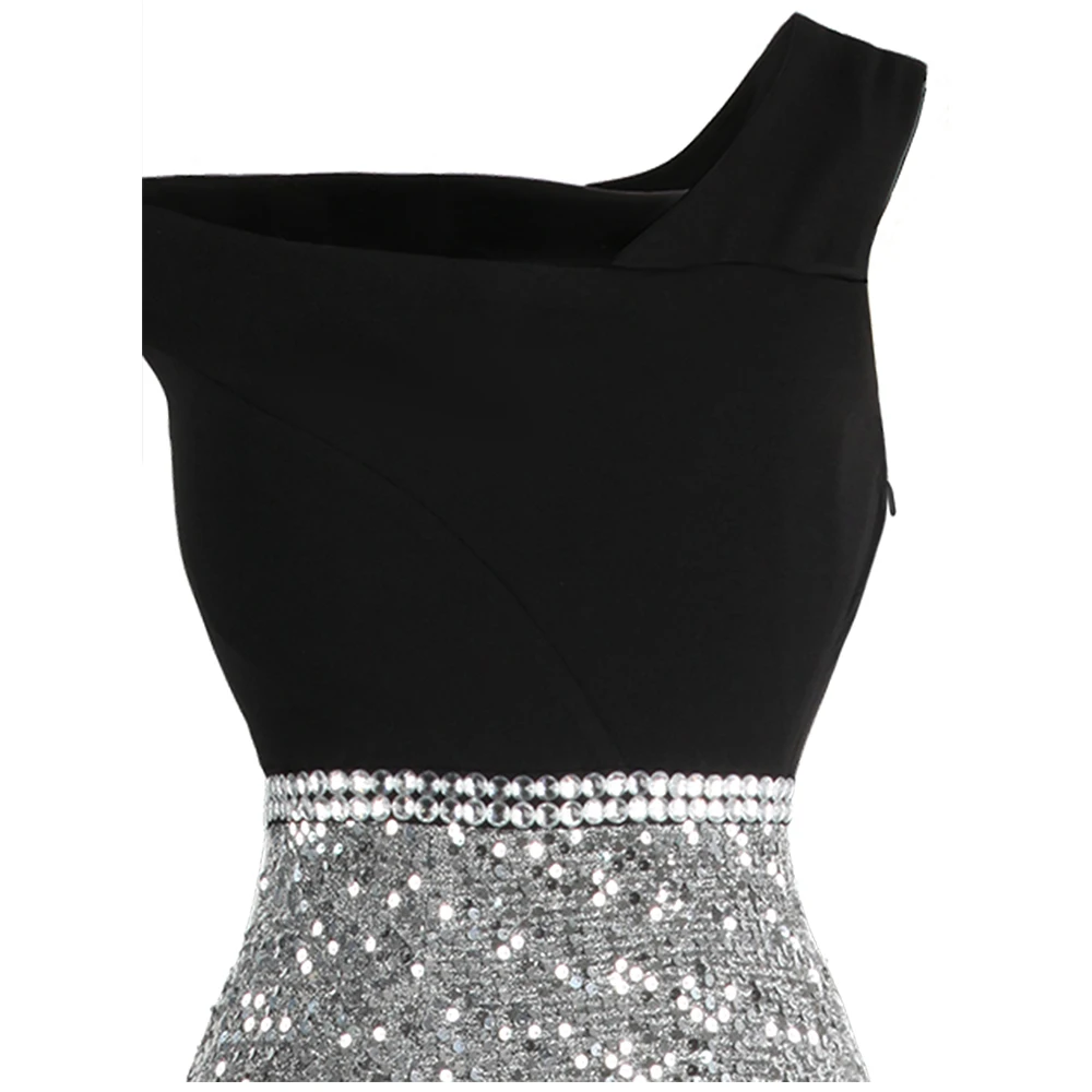 Angel-Fashion женское асимметричное бисерное вечернее платье с блестками, длинное черное серебряное J-191103-S