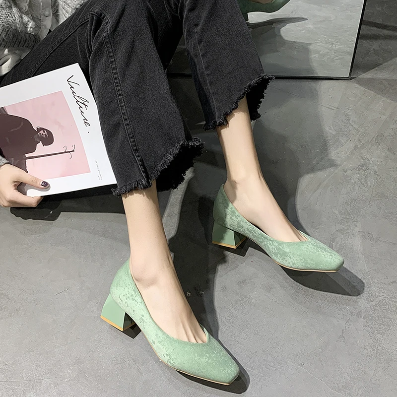 

5 Cm Mid Heel Shoes Square Heel Women Pumps Square Toe Suede High Heel Shoes Elegant Thick Heel Office Ladies Shoes