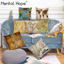 World Map Printed Cushion Cover Vintage Map Pattern Throw Pillow Cover Linen Cotton Home Decor Square Pillowcase for Car Sofa retro world map pattern flax square shape pillowcase without pillow inner