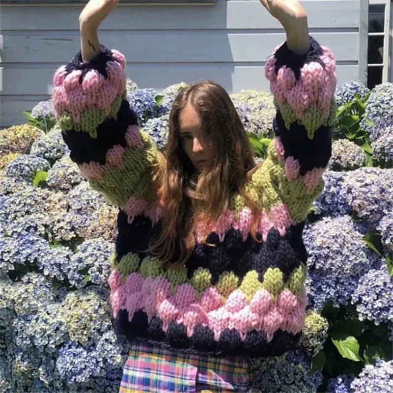 

Nordic Style O-neck Patchwork Knitted Pullovers Women Vintage Puff Sleeve Oversized Knitwear Female Winter Sweaters cws0244-5