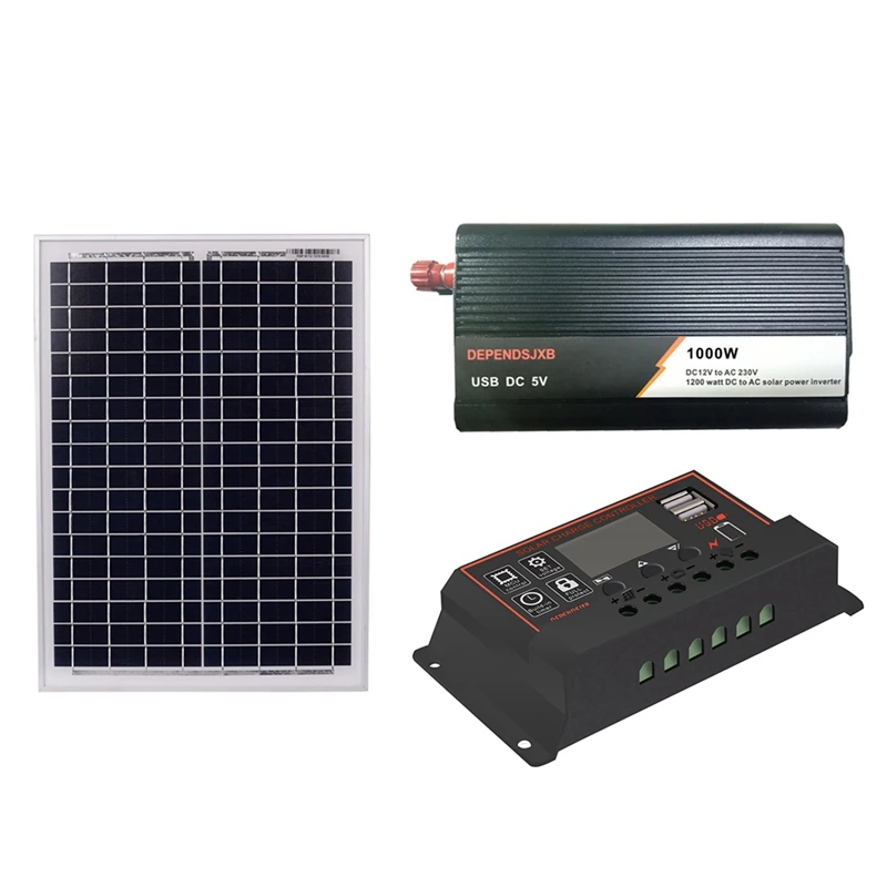 

18V20W Solar Panel +12V 40/50/60A Controller + 1000W Inverter Dc12V-Ac230V Solar Power Generation Kit, For Outdoor And Home
