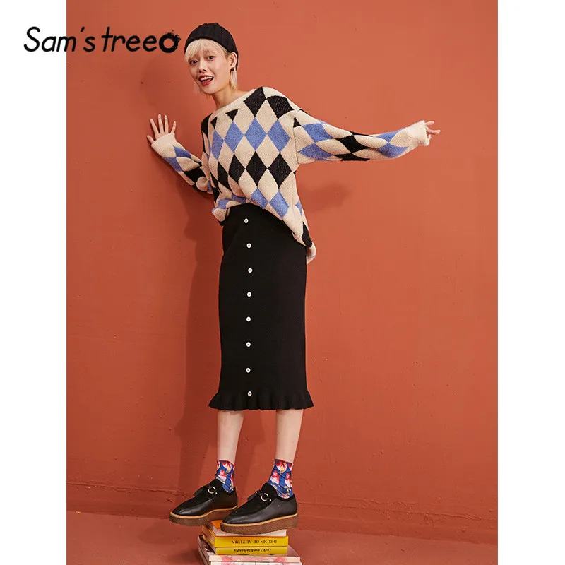 SAM'S TREE черная однотонная однобортная вязаная элегантная юбка рыбий хвост для женщин зимние прямые женские юбки в Корейском стиле
