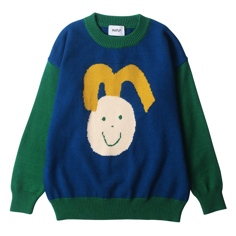 Синий Original Fall Winter Long-sleeved Women Pullover Sweater Color Block Cartoon Girl Jacquard Femme Cotton Knitted Jumper Top - Цвет: Синий