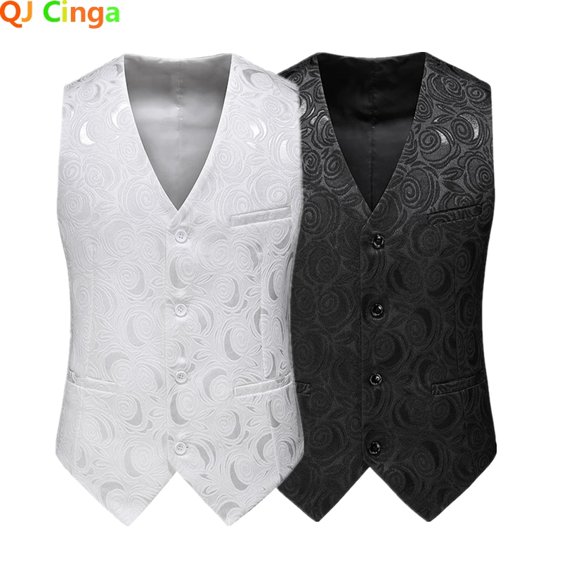White Rose Sleeveless Waistcoat, Men's Single-breasted V-neck Business Vest, Wedding Party Men Vests Blue Red Black S-5XL 6XL 6