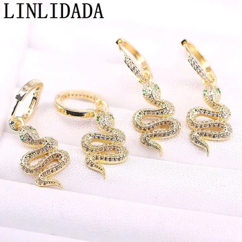 

5Pair micro pave bling cz zirconia cute lovey green eye Snake charm Gold Filled Trendy women snake earring
