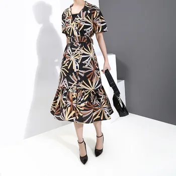 

2020 Summer New Fashion Black A-Line Shirt Dress With Sashes V-Neck Office Ladies Elegant Stylish Midi Vinatge Floral Dress Robe