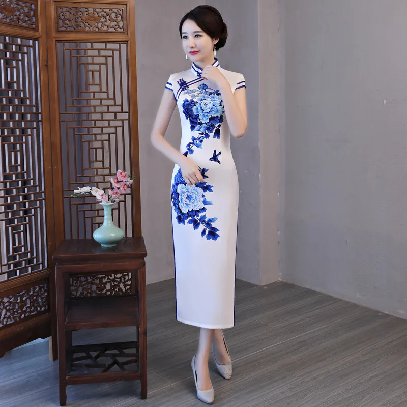 

Sheng Coco Traditional Evening Dress Elegant White And Blue Cheongsam Flower Print Cheongsam Oriental Silk Dress Banquet Qipao