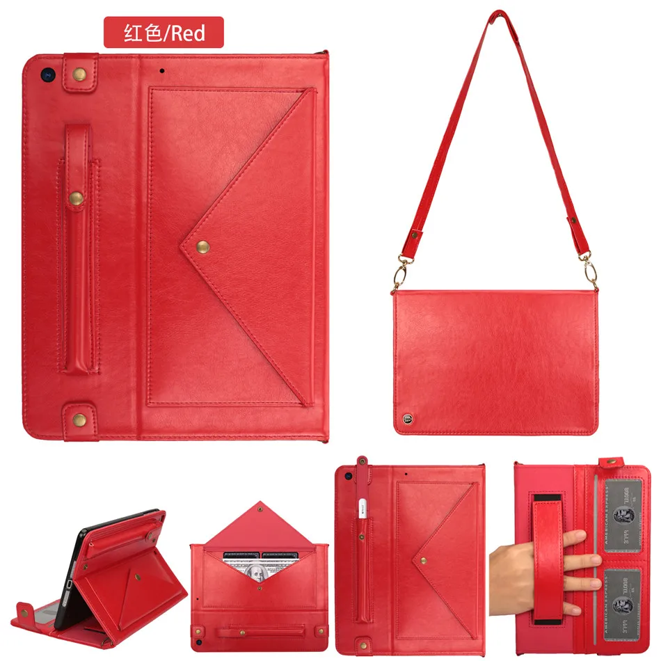 Для iPad 10,2 чехол 7th A2198 A2200 С карандашом держатель кошелек карты многофункциональные сумки Funda Подставка для планшета и шейный ремень - Цвет: Красный
