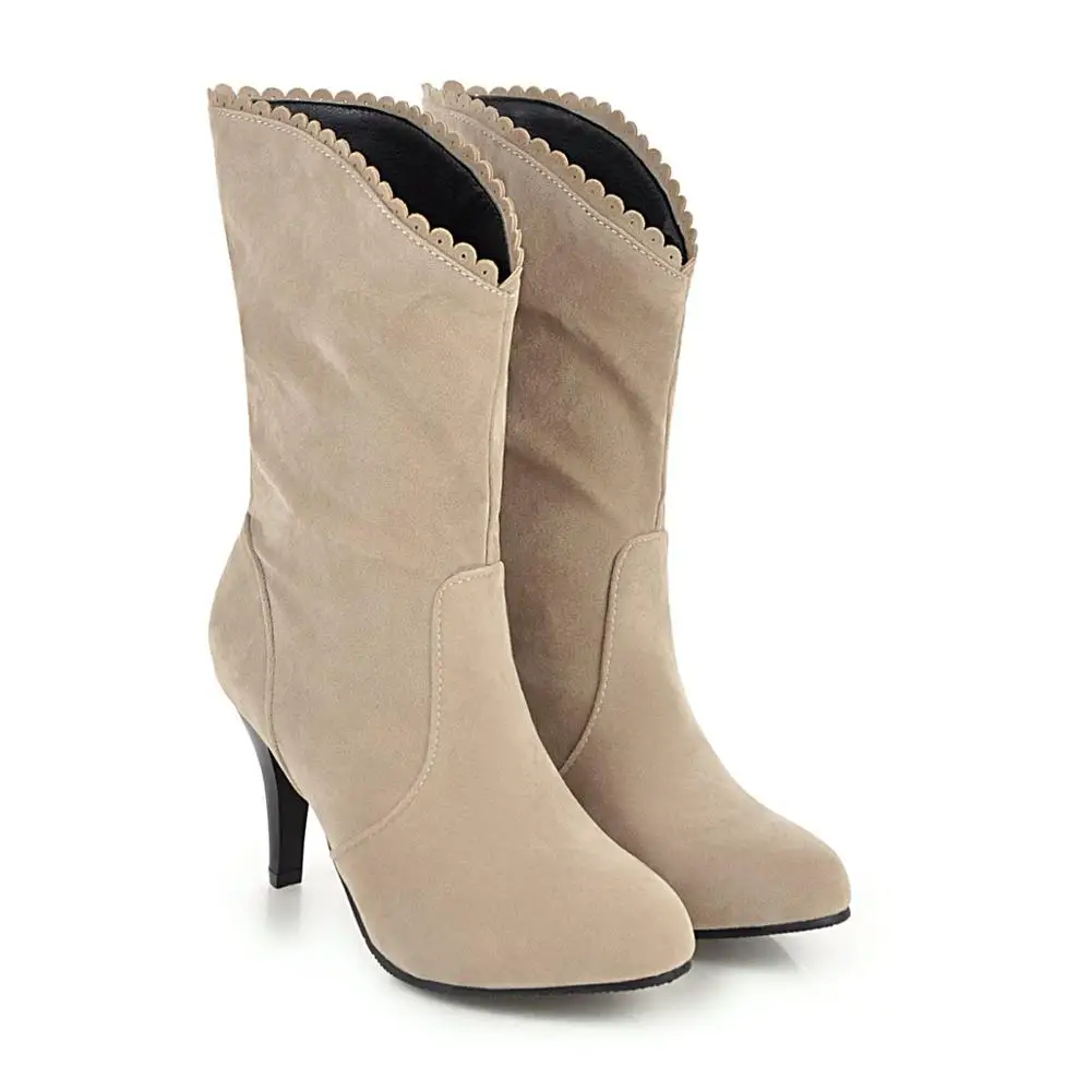 beige PQECFS/большой размер 31-44, высококачественные Зимние Модные Женские однотонные сапоги для верховой езды до середины голени на тонком высоком каблуке 4 цвета - Цвет: beige