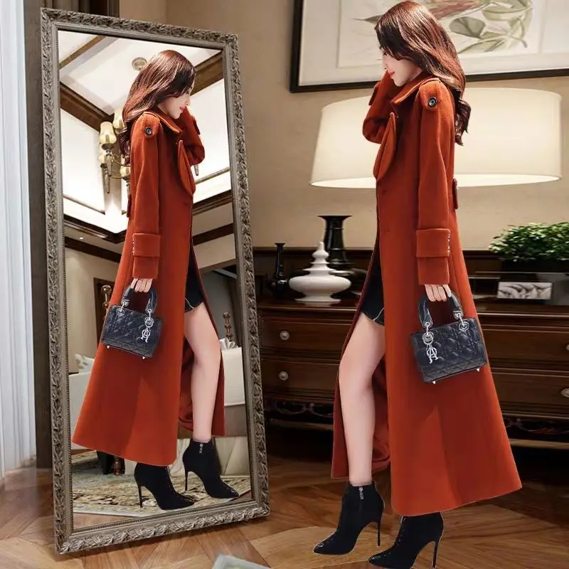 Women's Long Woolen Coat  2023 Spring Autumn New Korean Waist  Slimming Over-Knee Thick Keep Warm Woolen Coat Lady Overcoat W2