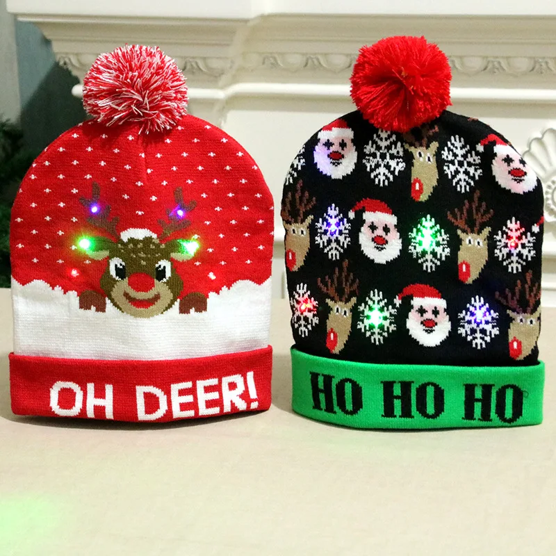 Светодиодный свет Рождественская шапка Красочные ослепительные огни вязаная шапка Снеговик узор Рождественское украшение шляпа для детей подарок