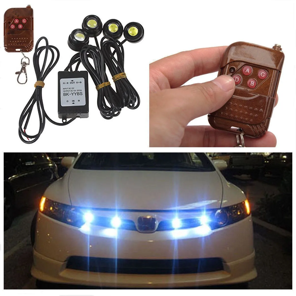 

One for Four Eagle Eye Lights 6W 4 LED Car Hawkeye Flash Daytime running Day Light 16 Mode Wireless Control With Controller 12V