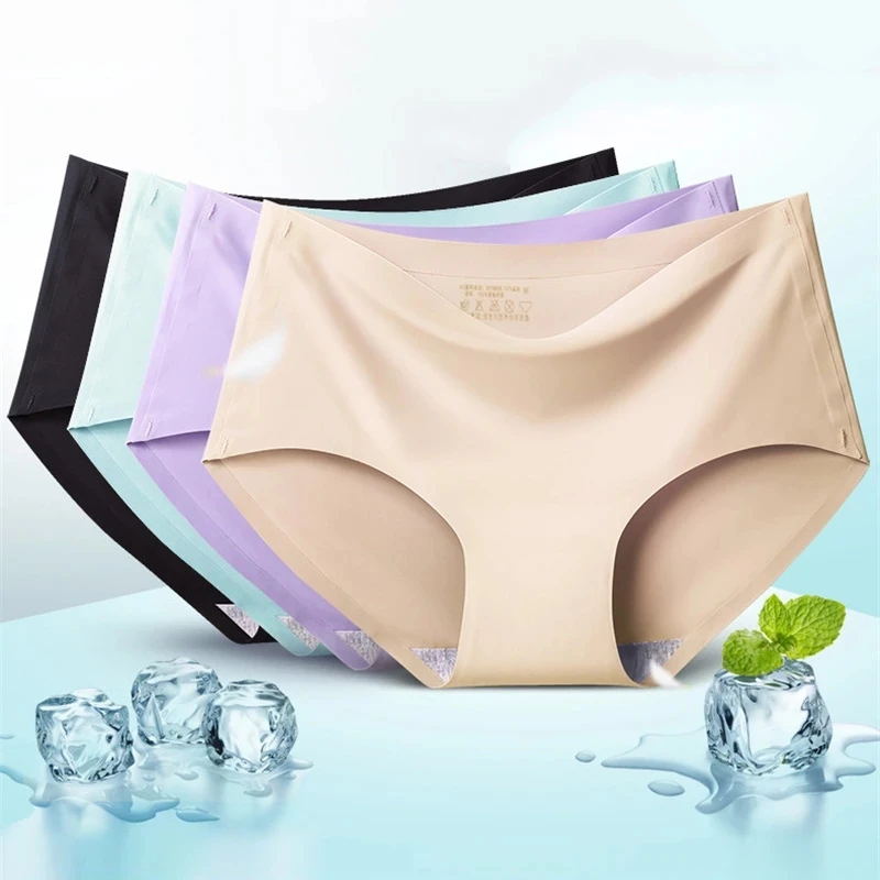 

FINETOO Seamless Panties Women Ice Silk Underwear M-2XL Soft Female Underpants Big Size Seamless Underwear 2Pcs/set Girls Briefs