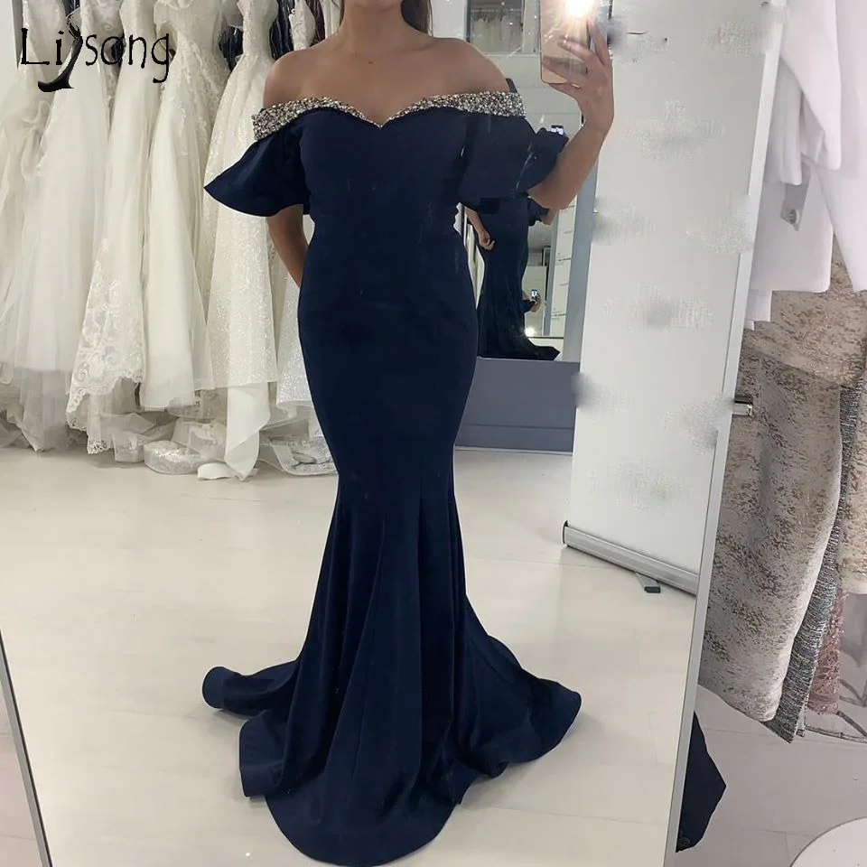 

Simple Sexy Dark Navy Blue Mermaid Evening Dresses Beaded Long Evening Gowns Off The Shoulder Short Cap Sleeves Party Dress