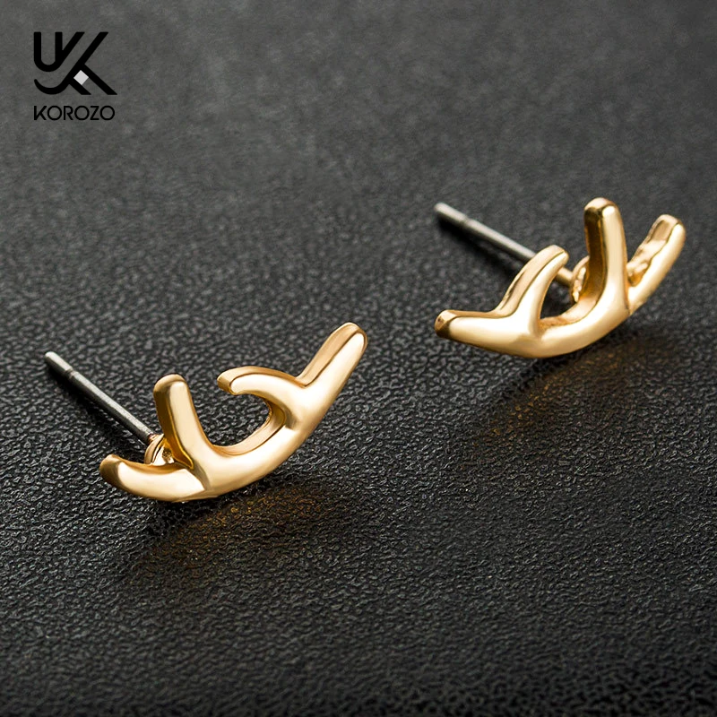 Минимализм оленьи рога лося Симпатичные серьги-гвоздики золотого и серебряного
