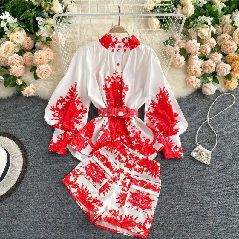 DEAT 2021 Autumn Women New Style Stand Collar Puff Long Sleeve Print Pattern Shirt Wide Leg Shorts Vintage Two Pice Set RD548 |