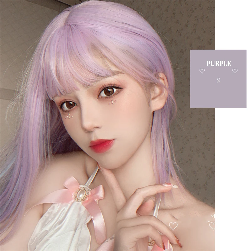 

Lolita Cute Harajuku Purple Mixed Pink Full Wigs Medium Long Heat Resistant Cosplay Wig with Bangs+ Free Cap