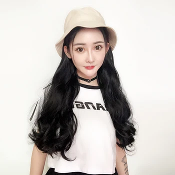 

MANWEI Long Wavy Synthetic Hair Wig With Hat Hot Style Black Color for Woman High Temperature