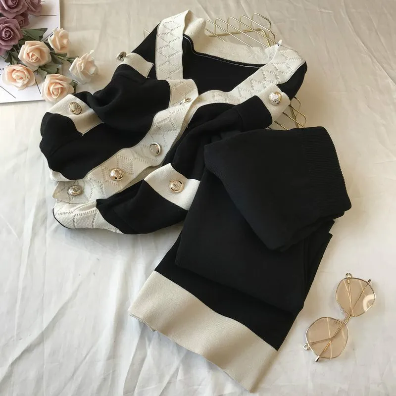 

Knitted Two Piece Set Woman Elegant Wide Leg Pants Sets Spring Autumn Lady's V-neck Slim Fit Cardigan + Loose Pants Outfits
