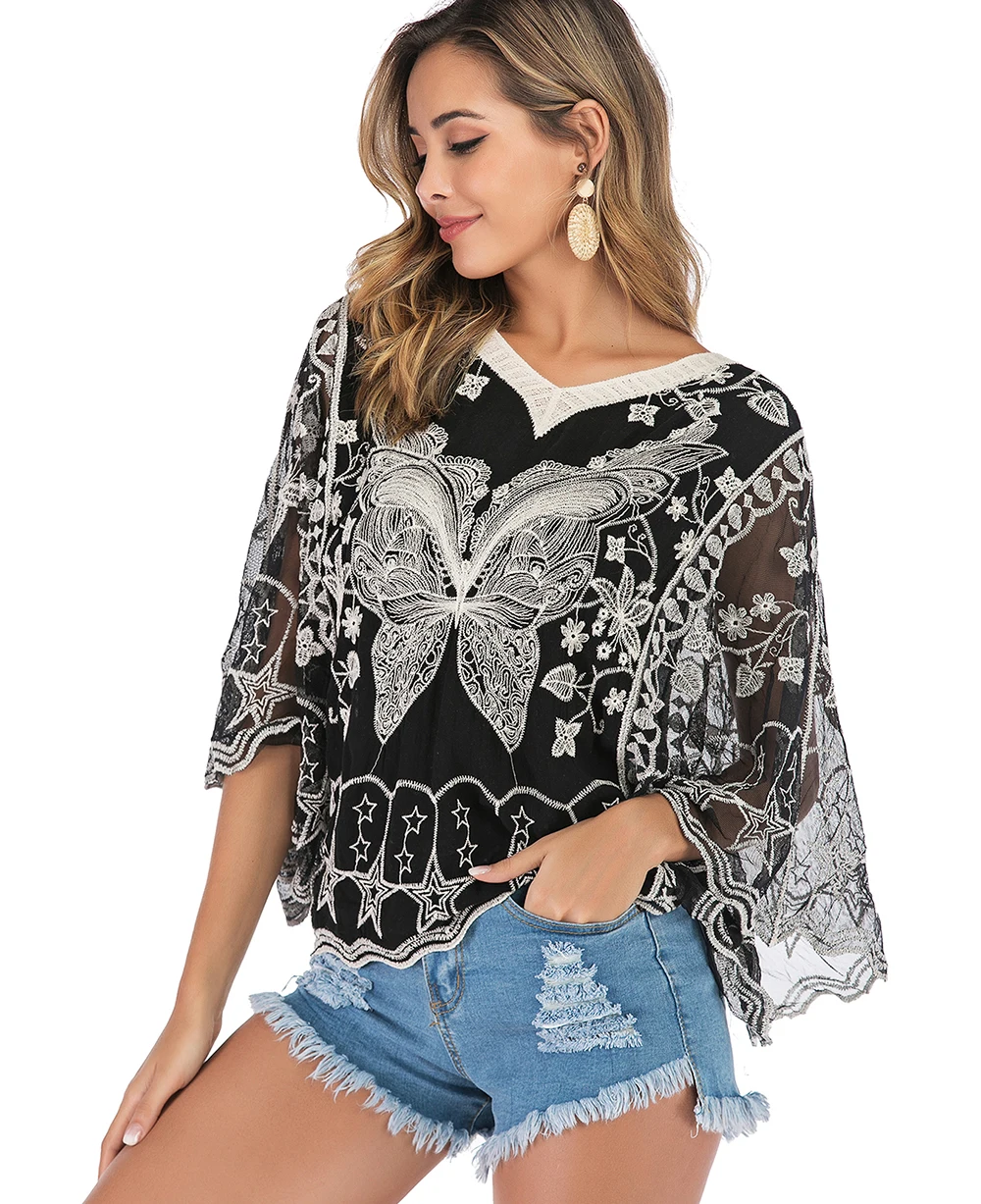 

Womens Floral V Neck Blouses Bat Wing Short Sleeve Chiffon Tops Shirts