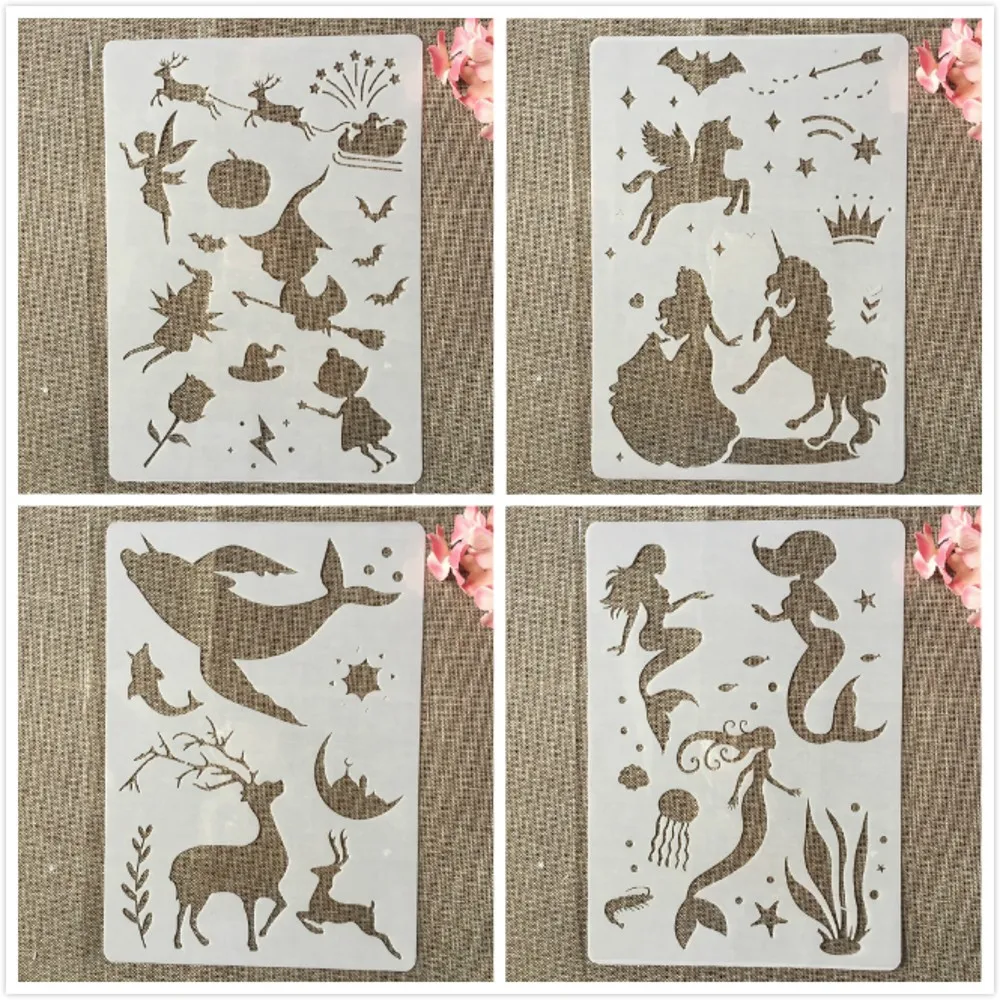 4Pcs/Set A4 29cm Princess Mermaid Witch DIY Layering Stencils Painting Scrapbook Coloring Embossing Album Decorative Template 4pcs set stencil flower heart diy scrapbook diary album decorative coloring embossing painting template office school supplies