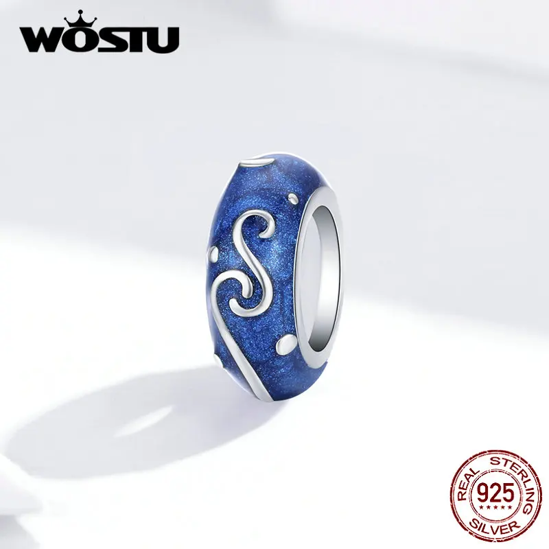 WOSTU настоящий 925 пробы серебряный звездный Небесно-Голубой пробки силиконовые прокладки Бусины Подходят браслет для изготовления ювелирных изделий CQC1388