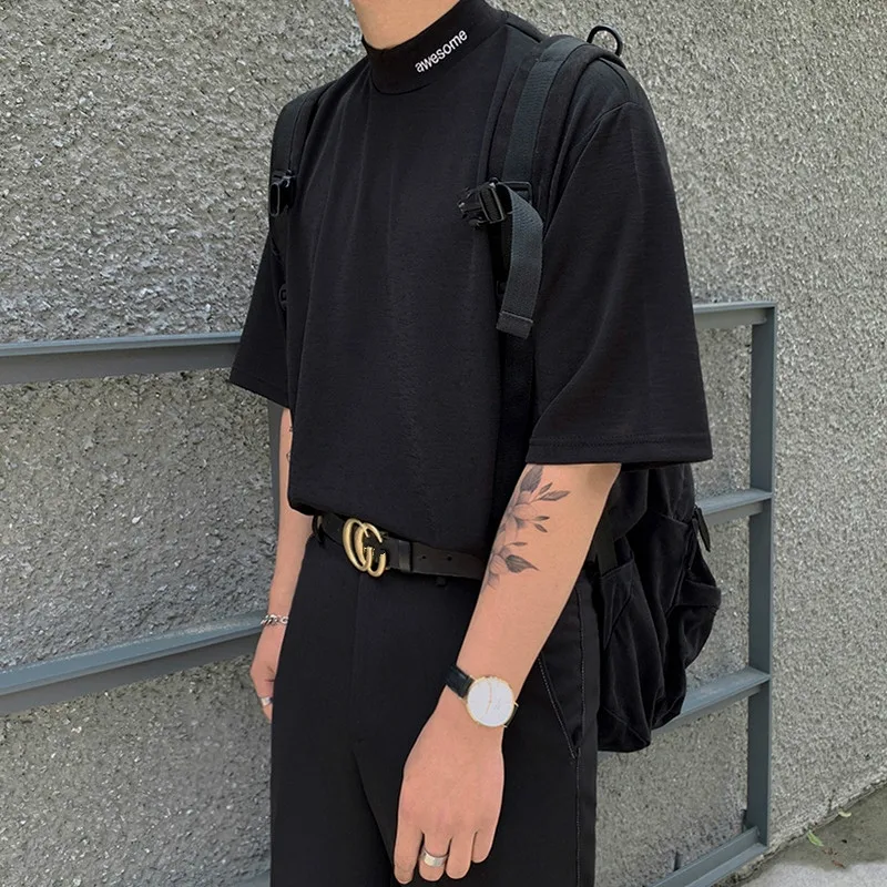 편지 수 놓은 검은 색 티셔츠 남자 한국어 느슨한 절반 터틀넥 티즈 소년 2020