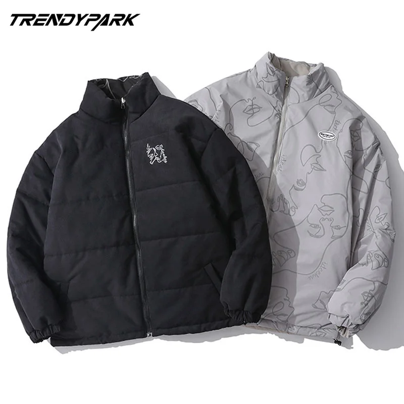 

2020 Men's Winter Padded Jacket Windbreaker Coat Reflective Lines Drawing Faces Reversible Zipper Parkas for Men Clothing