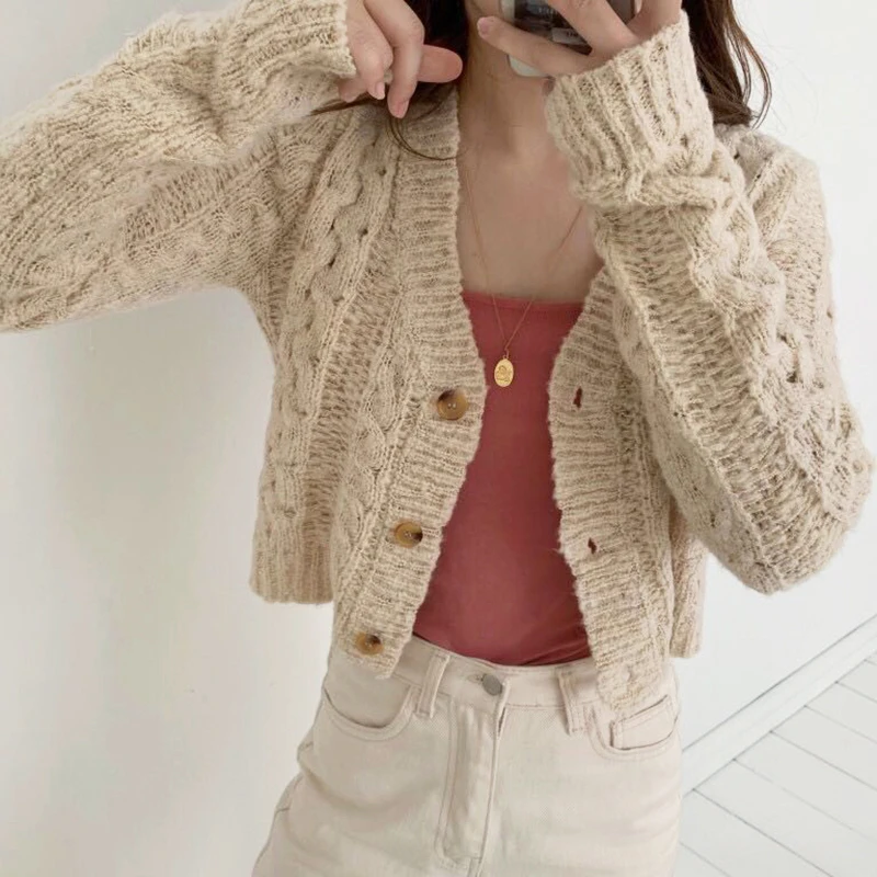 

2019 Autumn New Fashion Women Sweater Vintage V-Neck Long Sleeve Cardigans Short Knitted Sweater Sueter Mujer A113