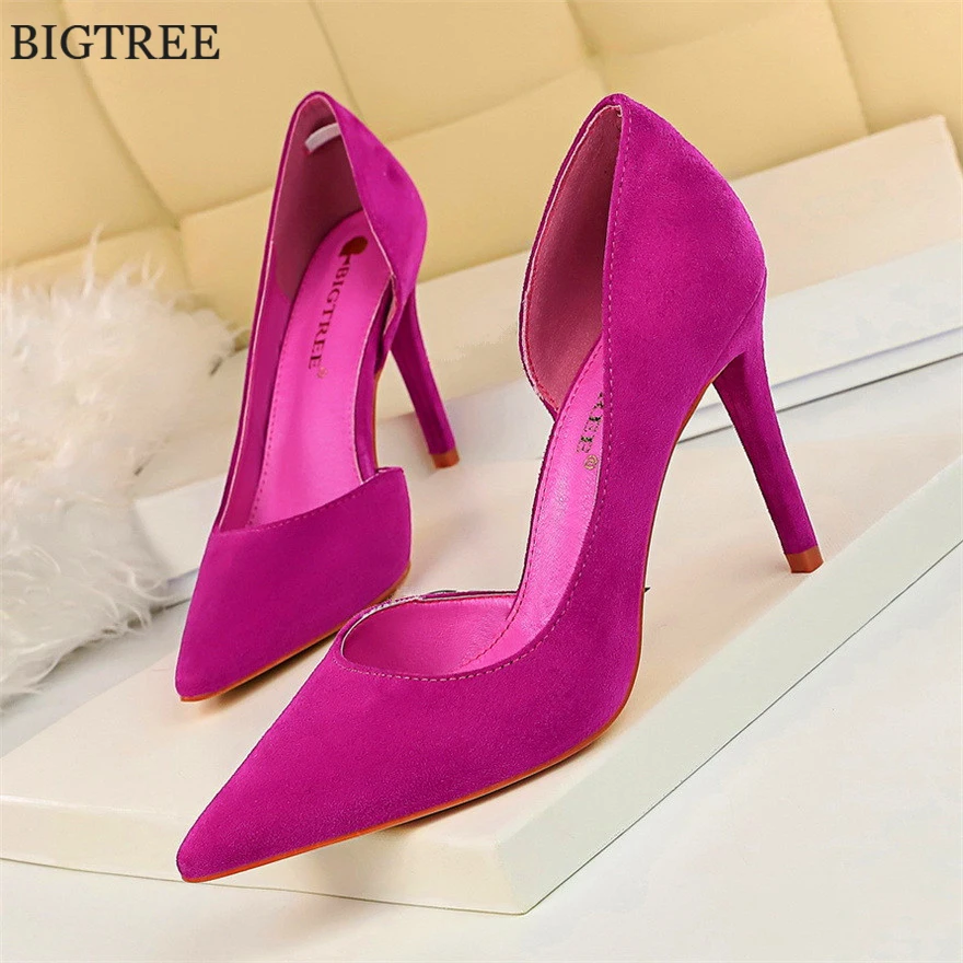 Concise-zapatos de tacón alto para mujer, zapatillas femeninas de tacón alto aterciopeladas, sin un lado, en color morado y naranja, zapatos de oficina de señoritas con punta estrecha, tallas 34-43