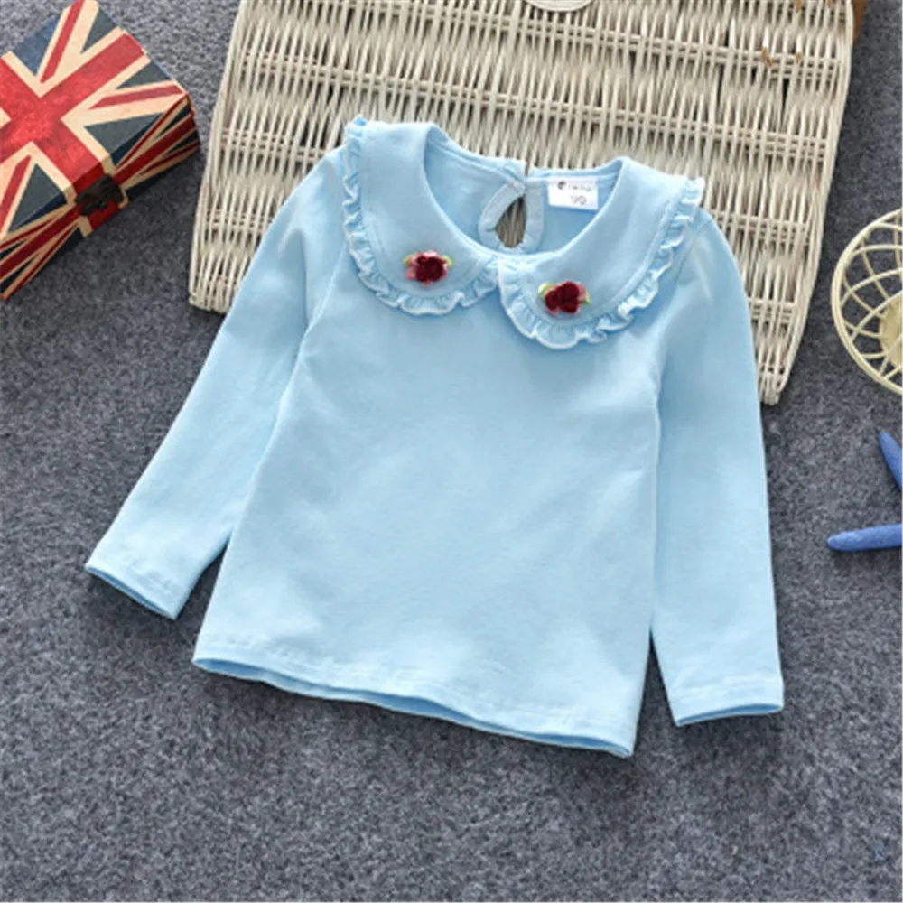 Блузки для девочек; хлопковые топы для детей; Осенняя школьная блузка для девочек; весенняя одежда для детей; рубашка для девочек с длинными рукавами и цветочным принтом для малышей - Цвет: Синий