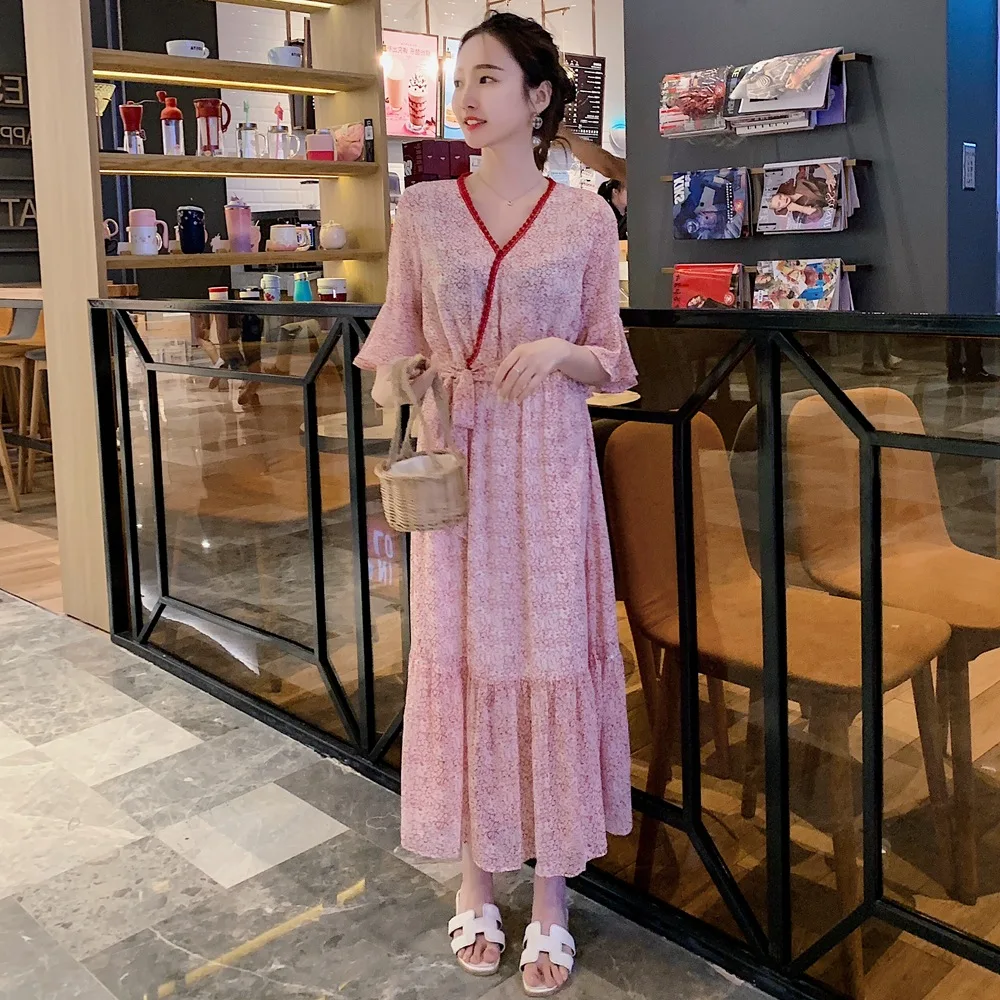 

Photo Shoot Korean-style INS WOMEN'S Dress 2019 Summer New Style Sweet CHIC-Style V-neck Joint Chiffon Floral Dress