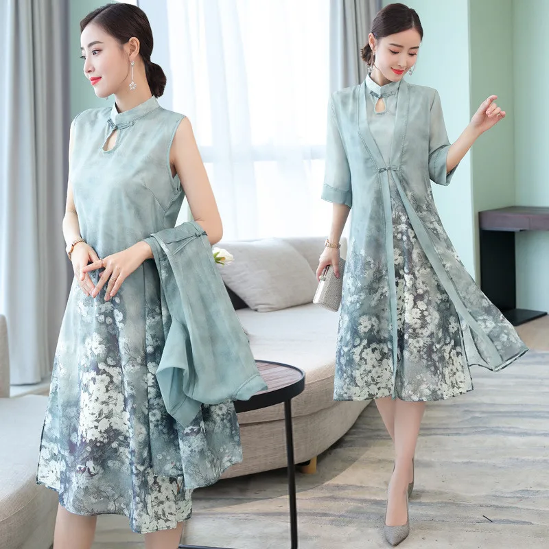 

2020 new summer dress for women long Imitation silk set Chinese style improved cheongsam sleeveless dress two-piece outboard