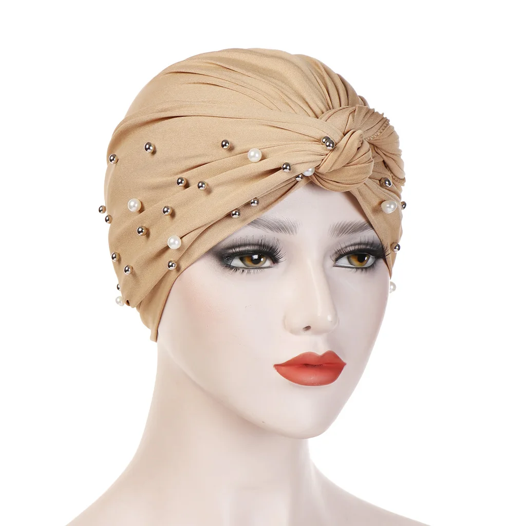 Muslim Women Cross Polyester Pearl Bead Turban Hat Cancer Chemo Beanies Cap Headwear Headwrap Plated for Hair Loss Accessories - Color: Khaki