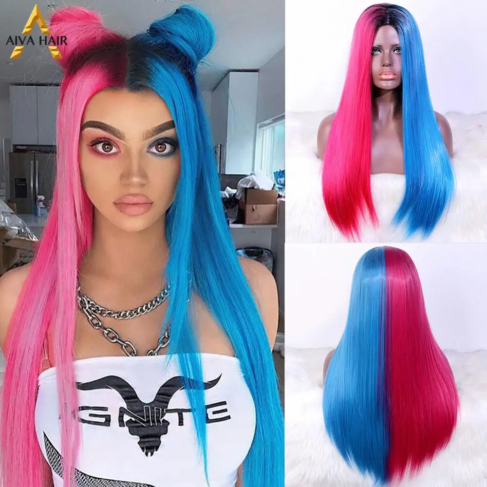 Aiva Hair Heat Resistant Brown Synthetic Wig Half Pink Half Blue Wig Sliver Red Black Cosplay Synthetic Wigs For Black Women Synthetic Wigs For Black Aliexpress