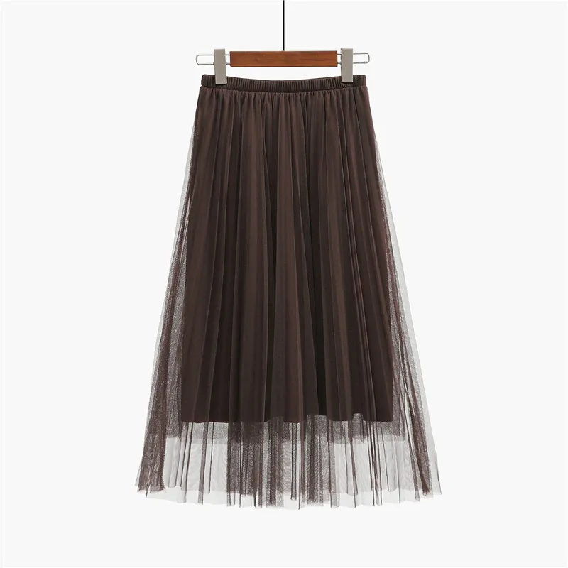 Летняя женская юбка из тюля, плиссированная юбка, черная юбка средней длины с высокой талией, тонкая шифоновая юбка из сетчатой ткани, свободные длинные юбки для женщин
