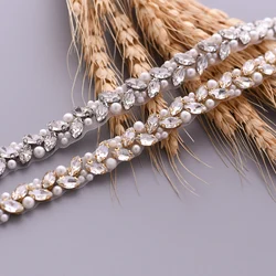 Handmade Rhinestones bridal silver crystal Applique gold patches beaded sew on iron on applique trim for wedding dresses